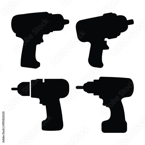 A detailed collection of four black silhouette icons representing modern power drills and drivers