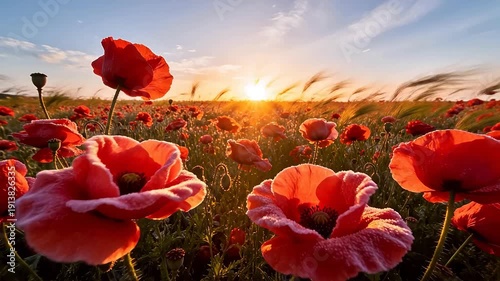Red poppy flower field blooming under sunset sunlight
