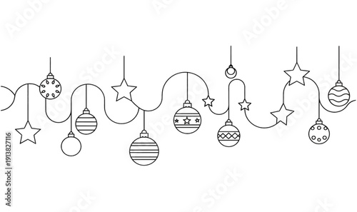 Premium Christmas Ornament Line Art - Minimalist Festive Garland with Stars  Baubles, Modern Holiday Border Design, and Winter Celebration Vector Illustration