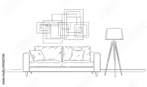 Premium Living Room Interior Line Art - Minimalist Sofa  Floor Lamp Illustration, Modern Home Decor Linear Sketch, and Geometric Wall Art Design for UI UX