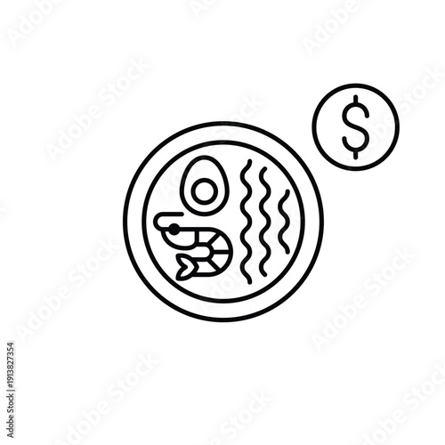 Seafood ramen and dollar. Affordable Asian meal cost, quick dining and takeaway expense, comfort food value. Pixel perfect, editable stroke vector icon