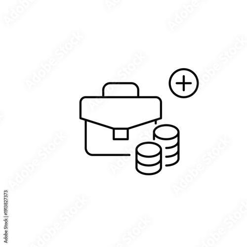 Coins in a stack, briefcase and plus. Growing finances, revenue and savings. Pixel perfect, editable stroke vector icon