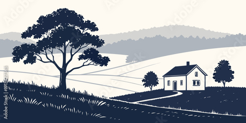 A serene countryside landscape with a tree and a house in the distance