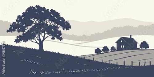 A serene countryside landscape with a large tree and a distant farmhouse.
