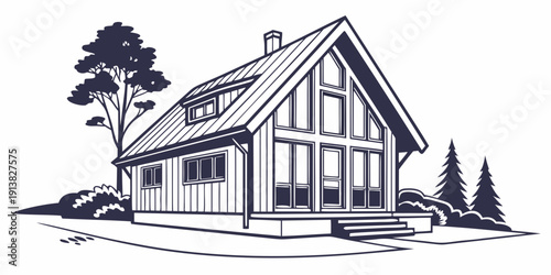 A charming two-story house with a sloped roof and a small porch