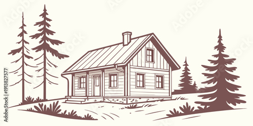 A charming house nestled among tall pine trees in a serene countryside setting