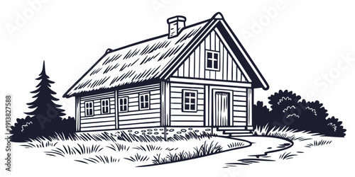 A charming, rustic log cabin nestled in a serene, wooded landscape.