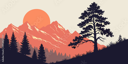A serene mountain landscape with a vibrant sunset and tall pine trees.