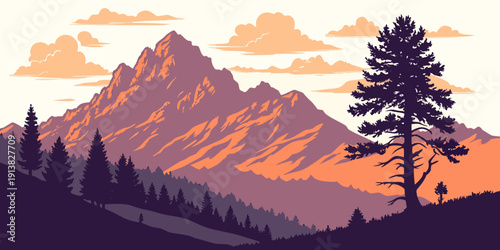 Majestic mountains tower over a serene forest landscape at dusk