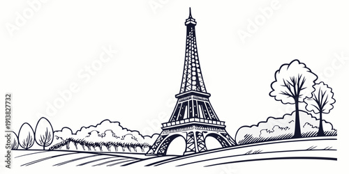 The iconic eiffel tower standing tall against a serene landscape with trees and a bridge.