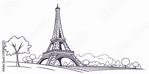 A detailed sketch of the iconic eiffel tower with a tree and flowers in the foreground.