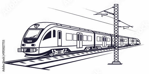 A modern passenger train traveling on a railway track with overhead power lines