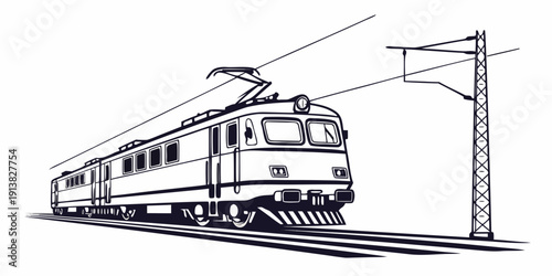 A vintage train traveling along tracks with overhead electric wires and a pole