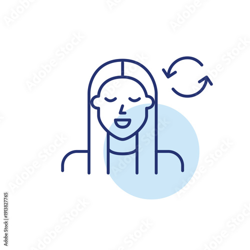 Account renewal, subscription refresh, digital profile update. Young woman avatar and renew arrows. Pixel perfect, editable stroke vector icon