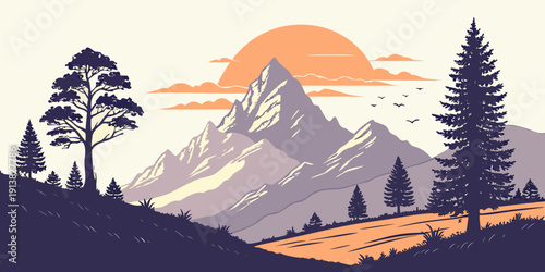 Sunset over a serene mountain landscape with pine trees and a calm lake