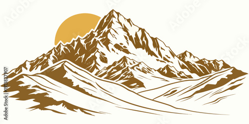 Majestic mountain range with a glowing sun in the background