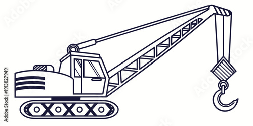 A detailed illustration of a crane machine with a hook and a lattice boom.
