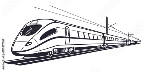 A sleek, modern high-speed train traveling through a picturesque countryside landscape