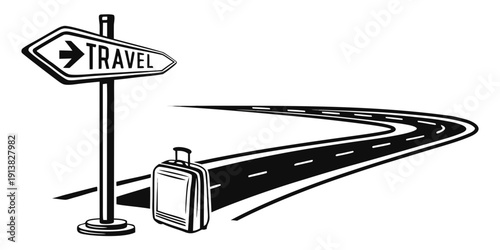 A vintage travel sign with a suitcase on a winding road.