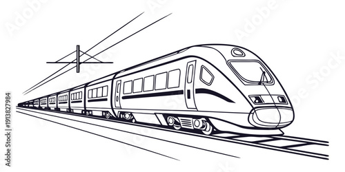 A sleek, modern train travels through a picturesque countryside landscape.