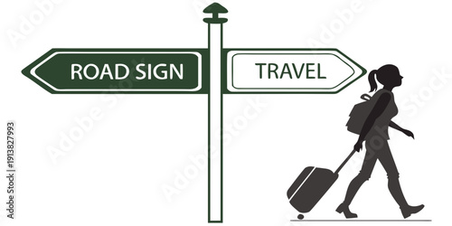 A woman with a suitcase standing next to a road sign indicating travel.