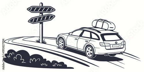 A car with luggage on the roof driving on a winding road with a signpost