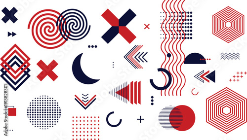A vibrant assortment of diverse geometric shapes and modern abstract patterns in red and blue