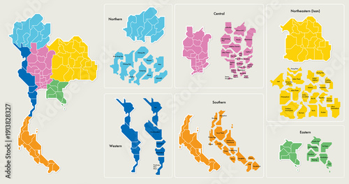 Foto Thailand Map Regions Infographic With Labeled Provinces and Regional Insets for