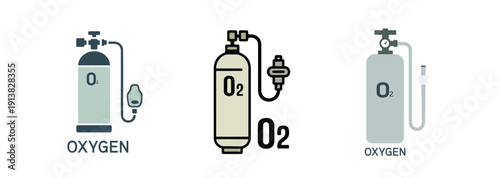 Oxygen Cylinder Vector Set. Oxygen Tank Illustration Collection – Medical Gas Cylinder with O2 Label.