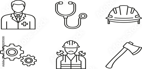 Set of professional occupation line icons featuring male doctor, stethoscope, safety hard hat, industrial gears, construction worker, and sharp metal axeSet of professional 