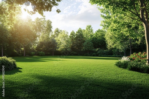 Lush green garden during late afternoon sunlight with trees and flowers
