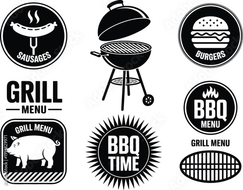 Black and white grill menu with sausages, burgers, and B Q symbols