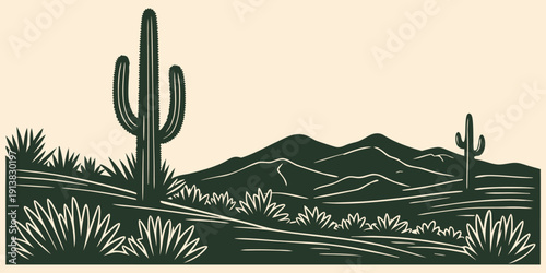 Desert Landscape with Cactus Vector Illustration Isolated on Beige Background, Desert Landscape with Cactus Vector Illustration Isolated on Beige Background