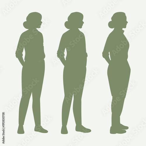 Standing Woman Silhouette Set Isolated on Light Background, Female Figure Silhouette Collection, Casual Standing Pose Illustration