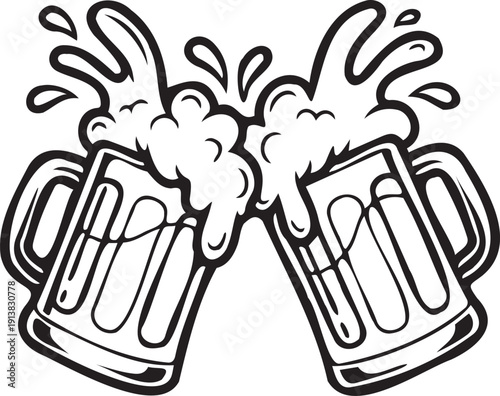 Simple line art beer mugs clinking with splash for logo design work
