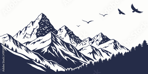 Majestic mountains with snow-capped peaks and soaring birds overhead