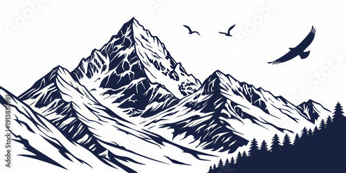 Two birds flying over a majestic snow-covered mountain range