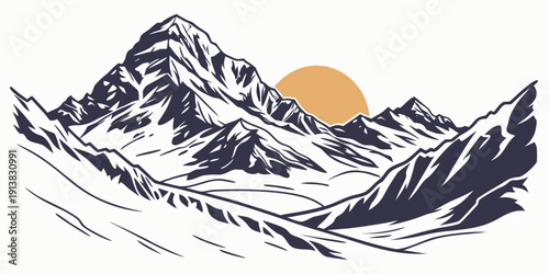Majestic mountains with a glowing sun behind them, creating a serene and peaceful scene.