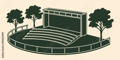 Outdoor Amphitheater Stage Vector Illustration Isolated on Beige Background, Open Air Theater Silhouette, Concert Stage and Seating Vector