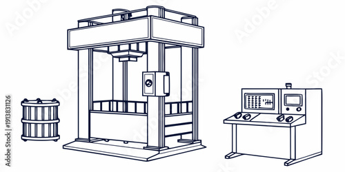 Industrial machine with control panel and operator station for manufacturing processes.