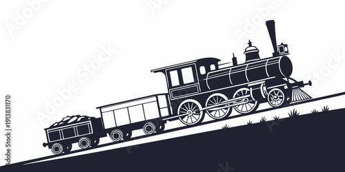 A vintage steam locomotive with a freight car traveling through a mountainous landscape