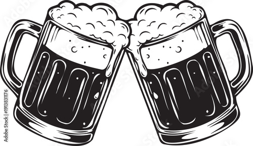 Beer mugs cheers black and white vintage style vector illustration
