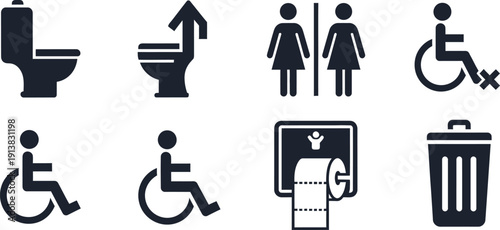 Bathroom and accessibility icons featuring toilets disabled access and gender signs