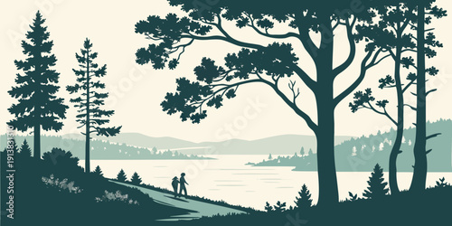 A serene landscape with tall trees and a peaceful atmosphere under a clear sky