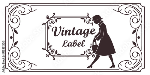 Elegant vintage label featuring a stylish woman in a dress