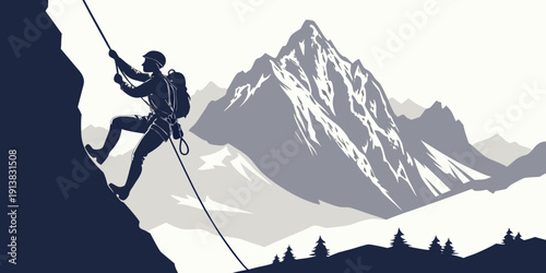 A climber ascends a steep mountain face with a rope and harness.