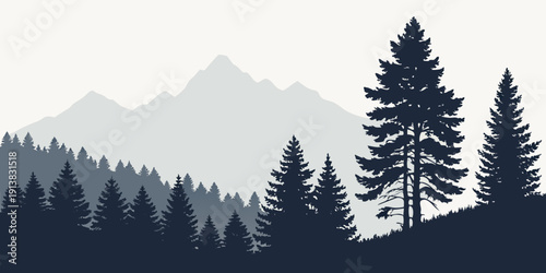Majestic mountains and pine trees in a serene, misty landscape.