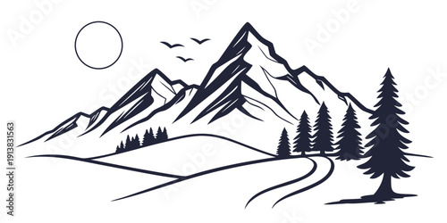 Majestic mountains with pine trees and a sun in the sky