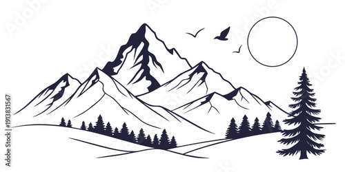 Majestic mountains with a full moon and flying birds in a serene landscape