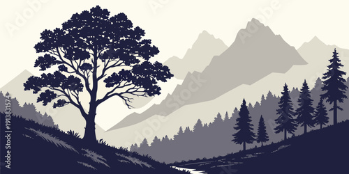 A majestic tree stands tall amidst a serene mountain landscape with a forest in the foreground.